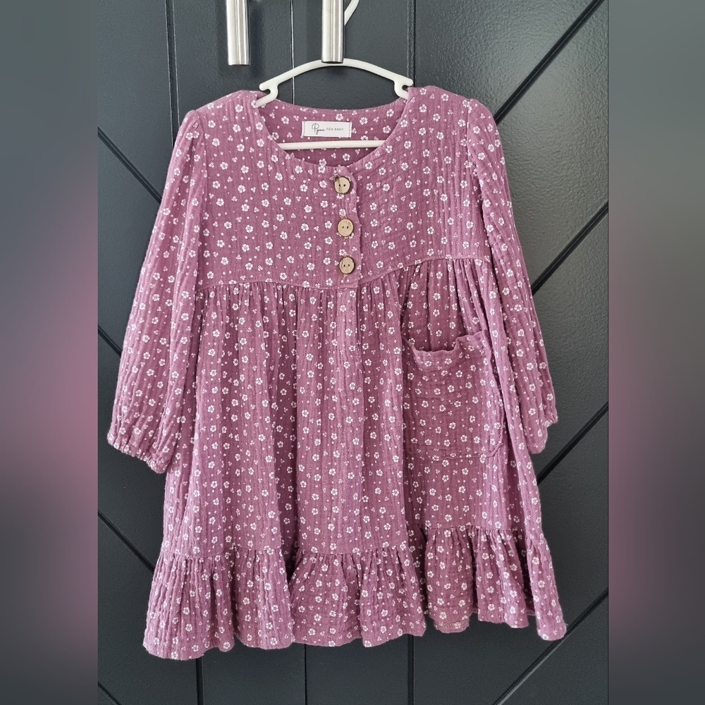 PYZA FOR BABY Purple flower pattern long sleeve cotton dress girl size 3T